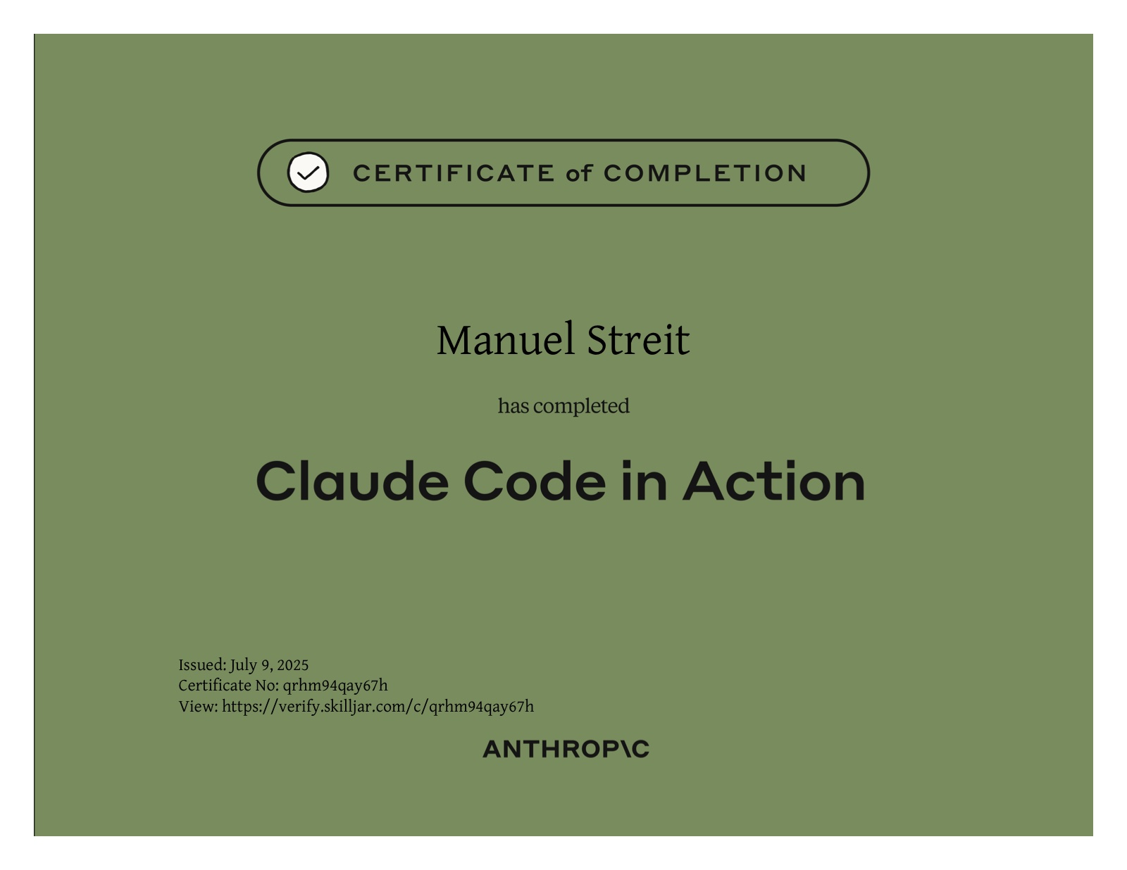 Kursabschlusszertifikat für Manuel Streit: Claude Code in Action