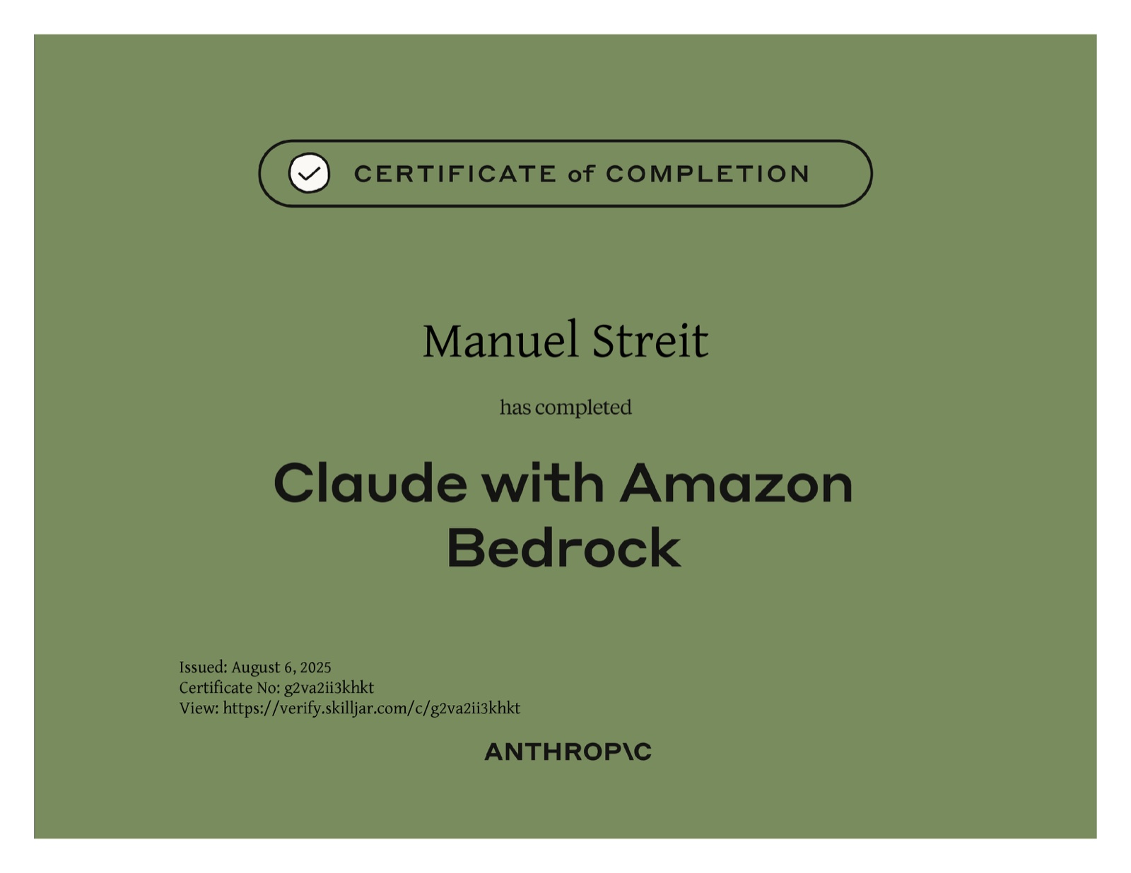 Kursabschlusszertifikat für Manuel Streit: Claude with Amazon Bedrock