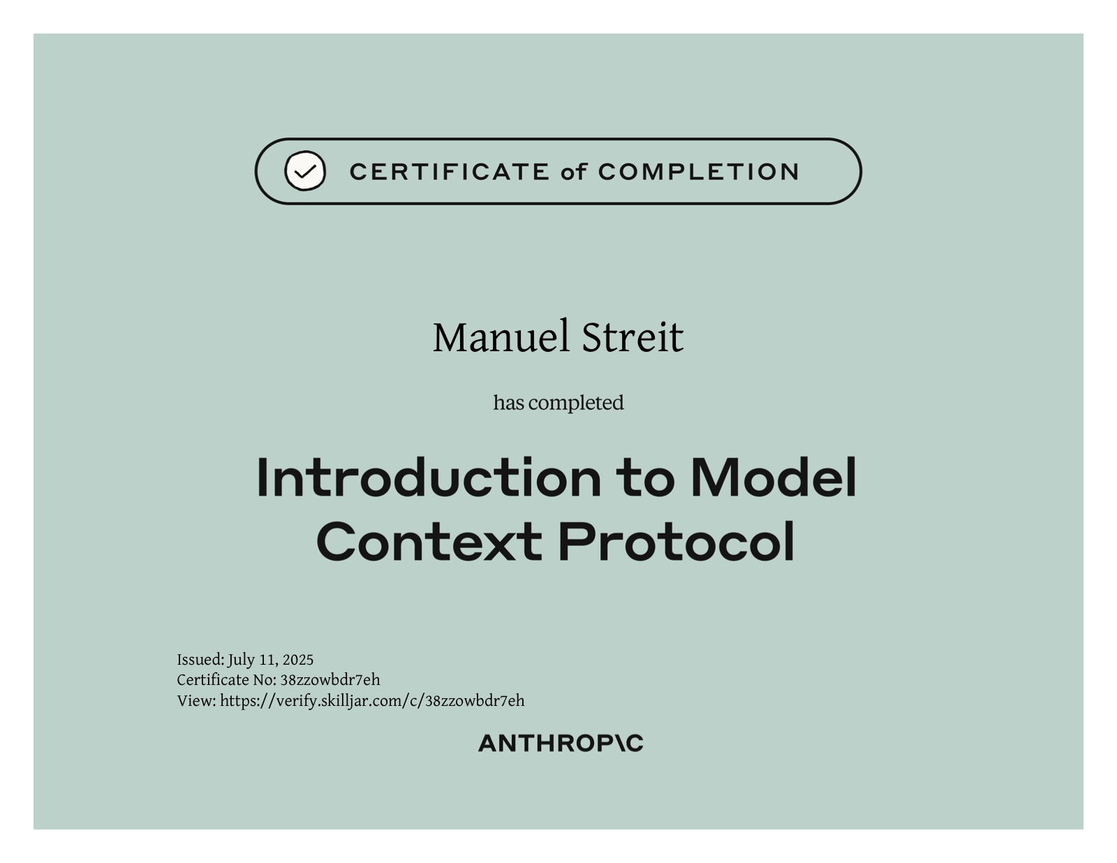 Kursabschlusszertifikat für Manuel Streit: Introduction to Model Context Protocol