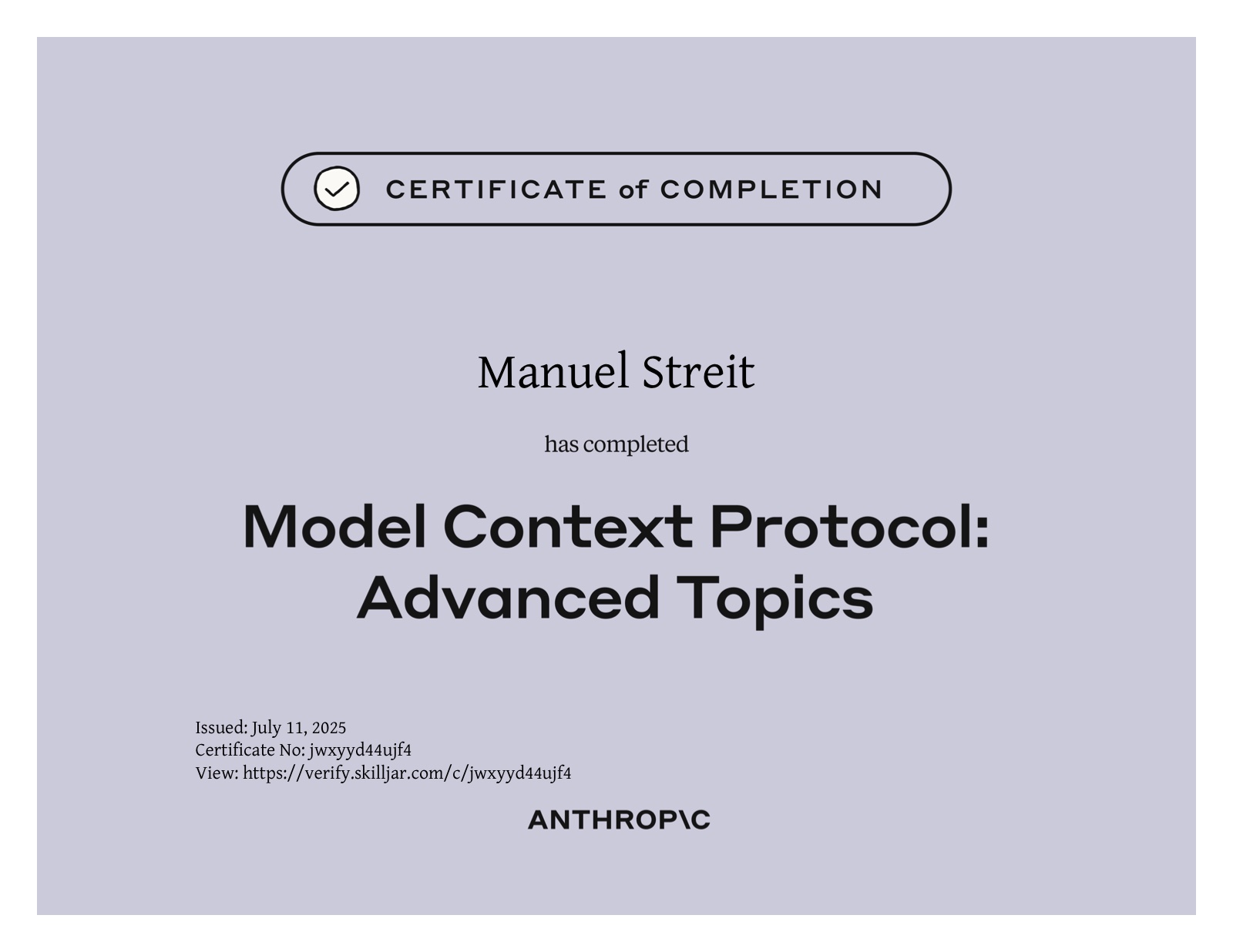 Kursabschlusszertifikat für Manuel Streit: Model Context Protocol: Advanced Topics